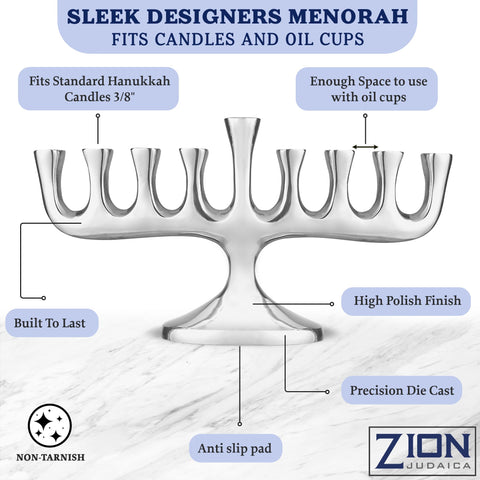 Zion Judaica menorah fitted with oil cups showing dual-fuel versatility