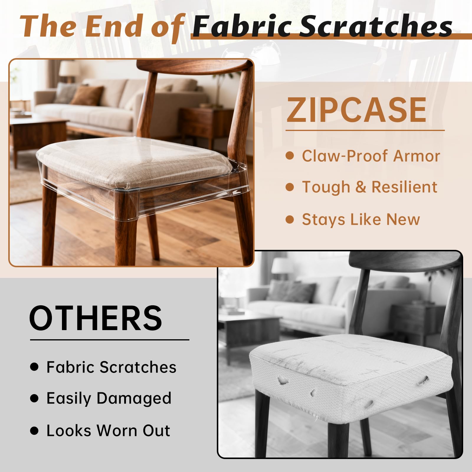 Zipcase installed on dining chair front preserves upholstery while remaining transparent