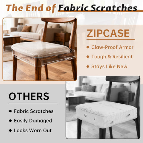 Zipcase installed on dining chair front preserves upholstery while remaining transparent