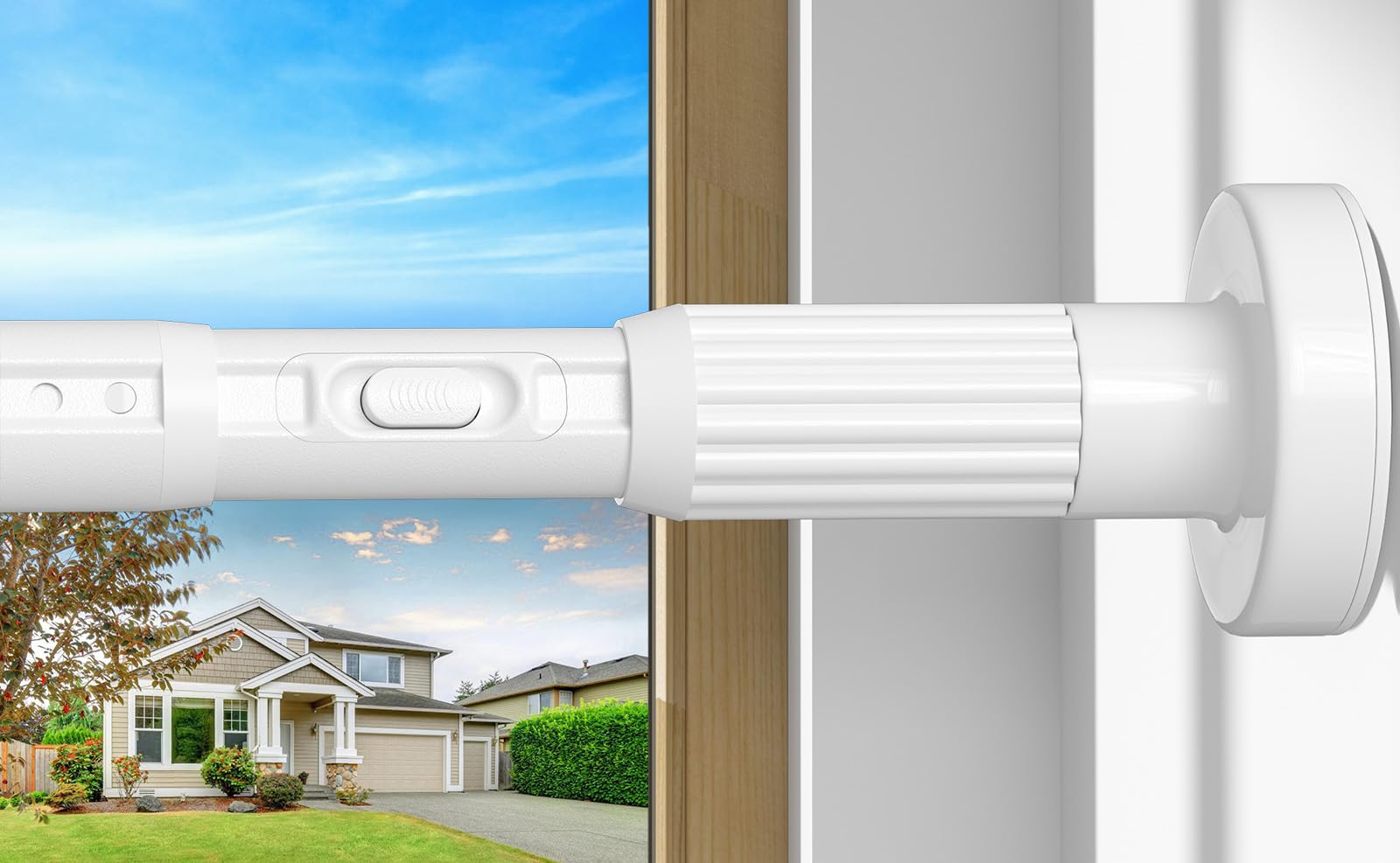 ZipGlo front view showing rod fully extended and packaging, quick install benefit