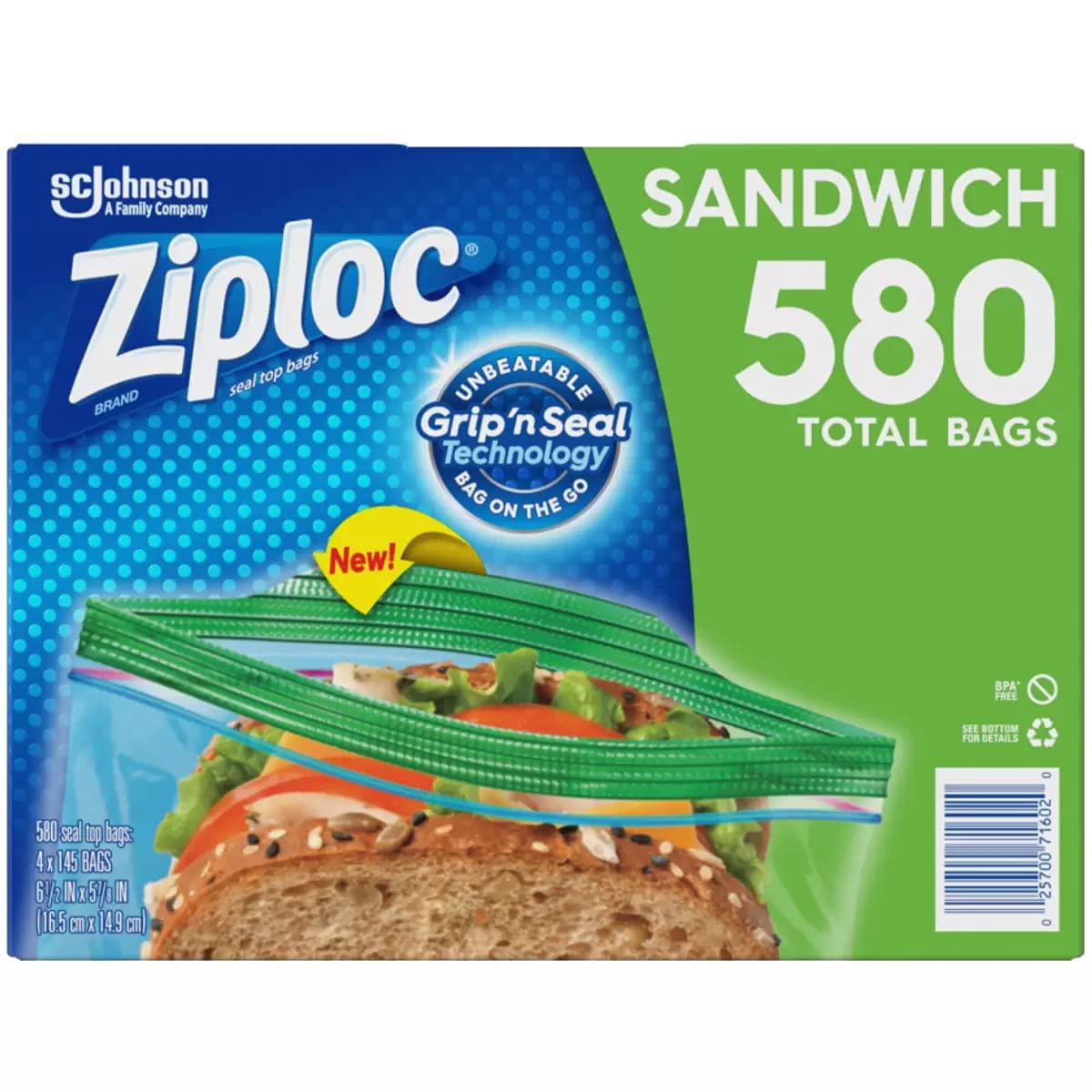 Ziploc front packaging showing 4 boxes and 580 bags for easy supply