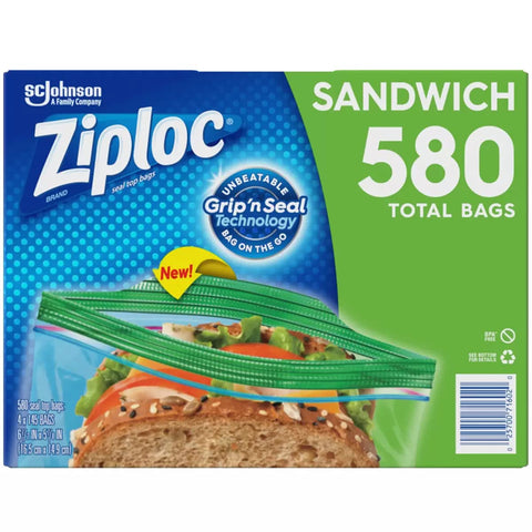 Ziploc front packaging showing 4 boxes and 580 bags for easy supply