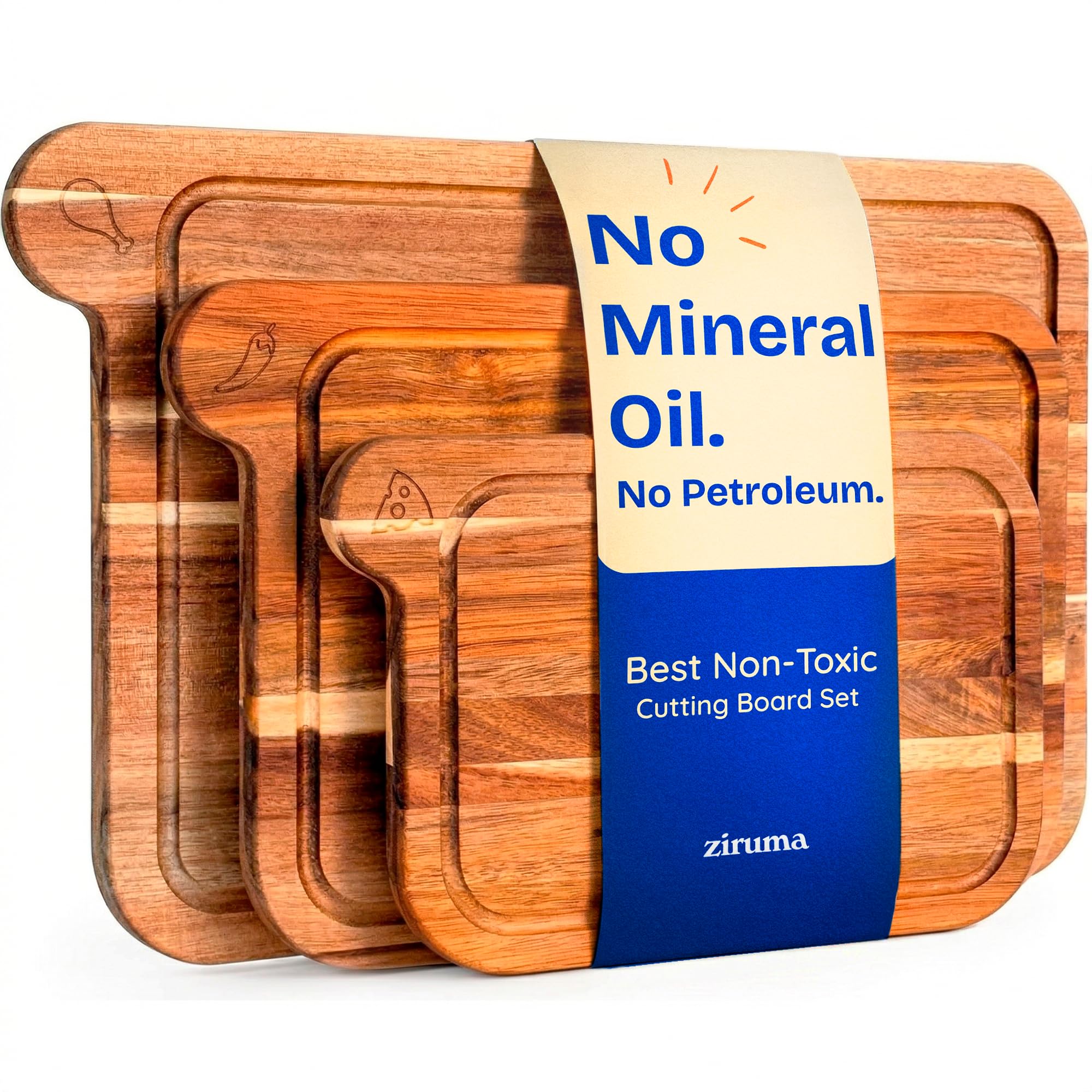 Ziruma front view of three acacia boards showing sizes and icons, durable prep stations