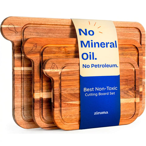Ziruma front view of three acacia boards showing sizes and icons, durable prep stations