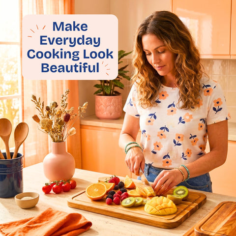 Ziruma cutting board in kitchen prepping vegetables, organized safe meal prep