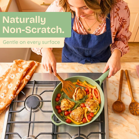 Ziruma long utensil handle close-up showing ergonomic grip for safer cooking benefit