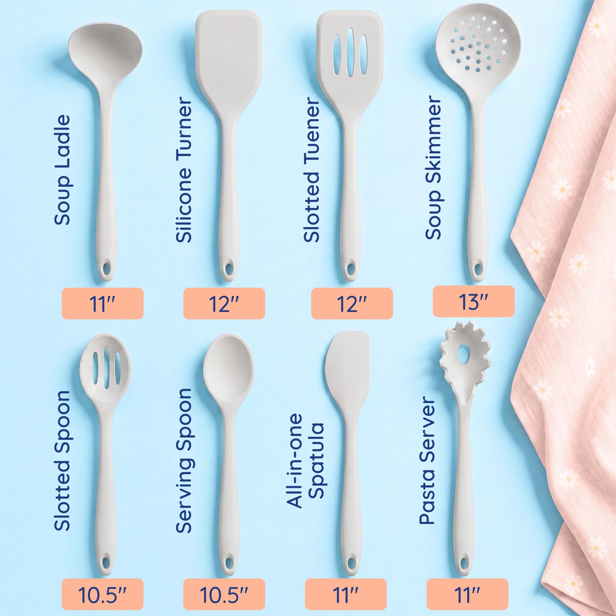 Lifestyle shot of Ziruma utensil set on kitchen island with cookware, suggesting everyday cooking convenience