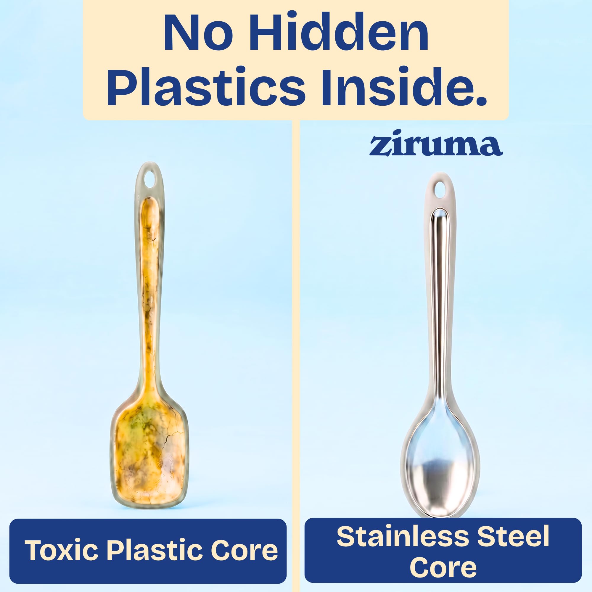 Cutaway detail of Ziruma 304 stainless steel core inside silicone handle demonstrating durable, plastic-free build
