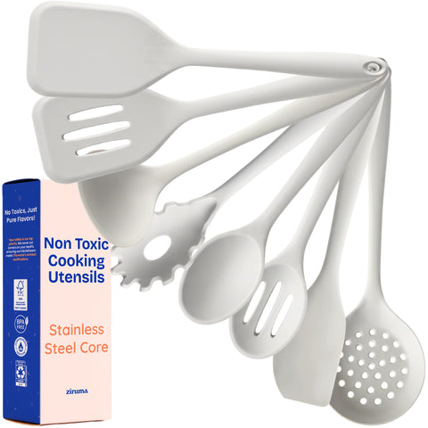 Ziruma front view of gray 8-piece utensil set showing neat arrangement and modern look, perfect for any kitchen