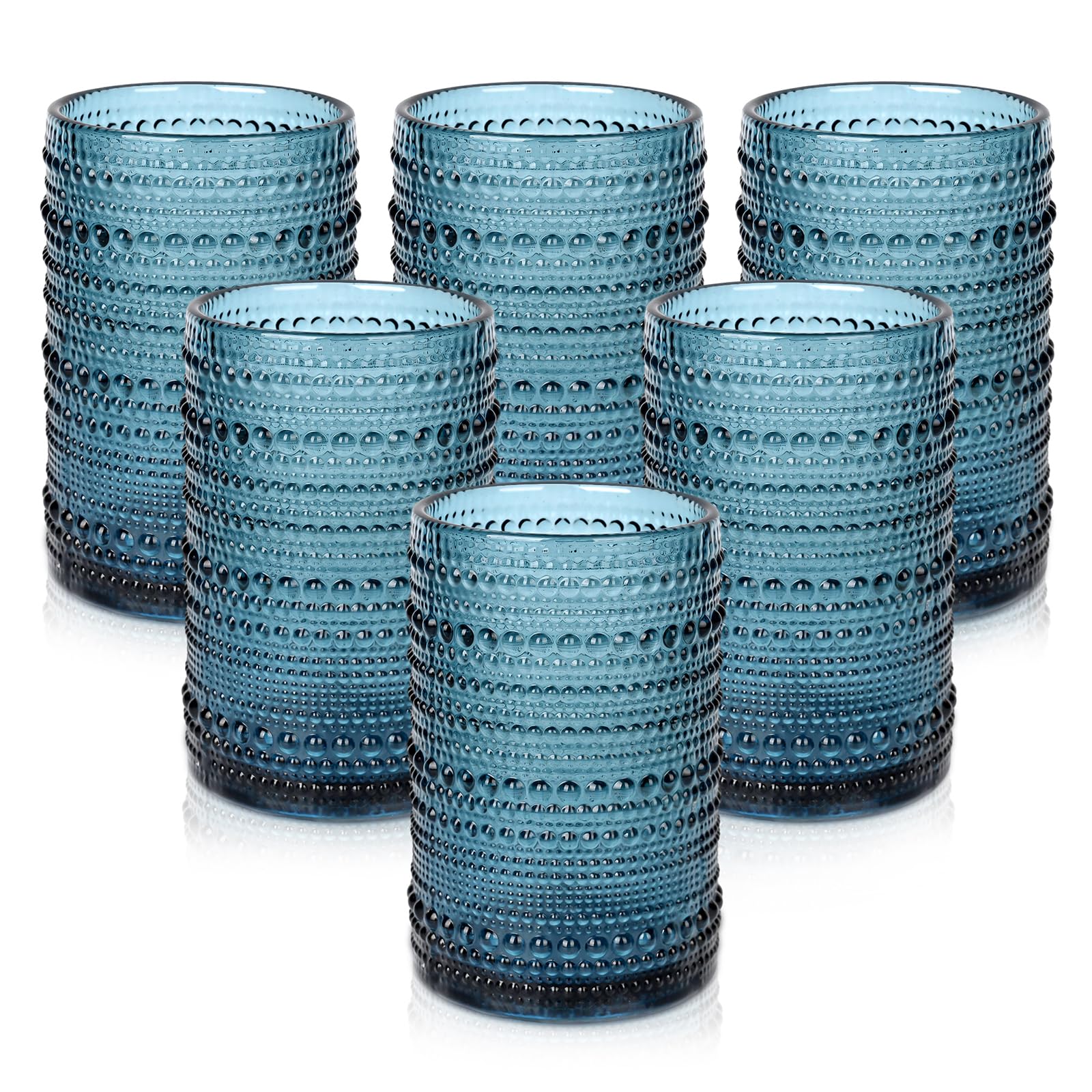ZMOWIPDL front view of six blue hobnail glasses showing set and elegance