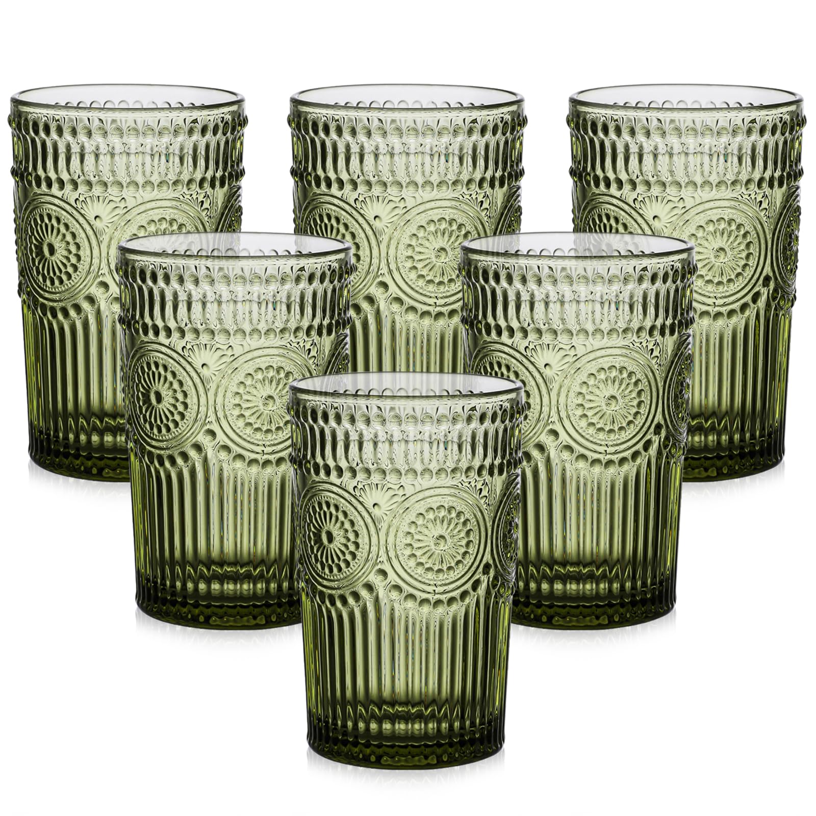 ZMOWIPDL front view of six green glasses set, ready for entertaining