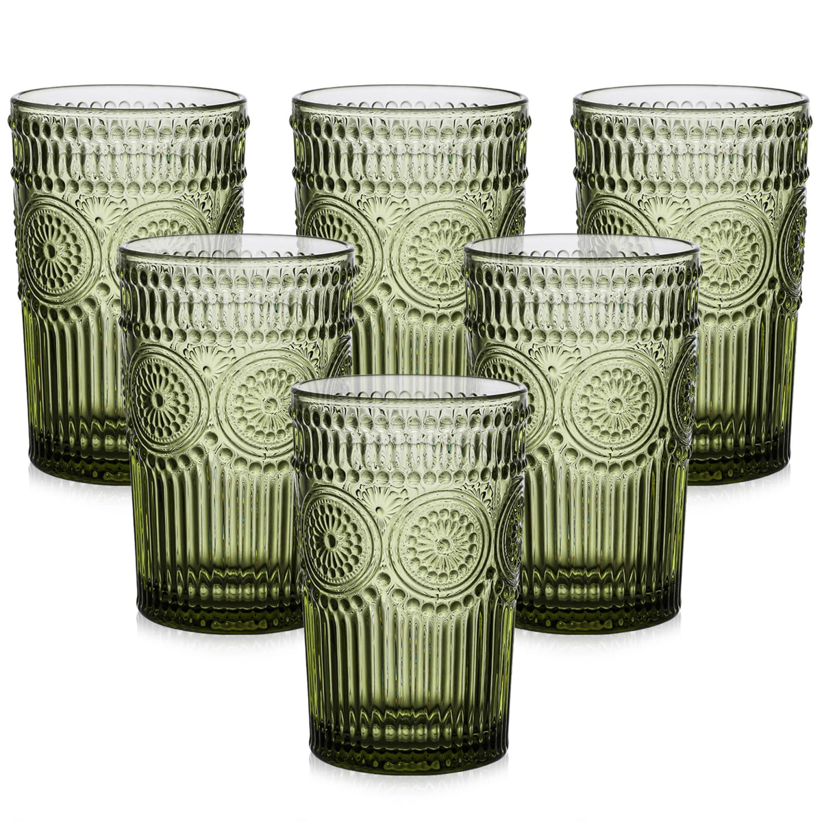 ZMOWIPDL front view of six green glasses set, ready for entertaining