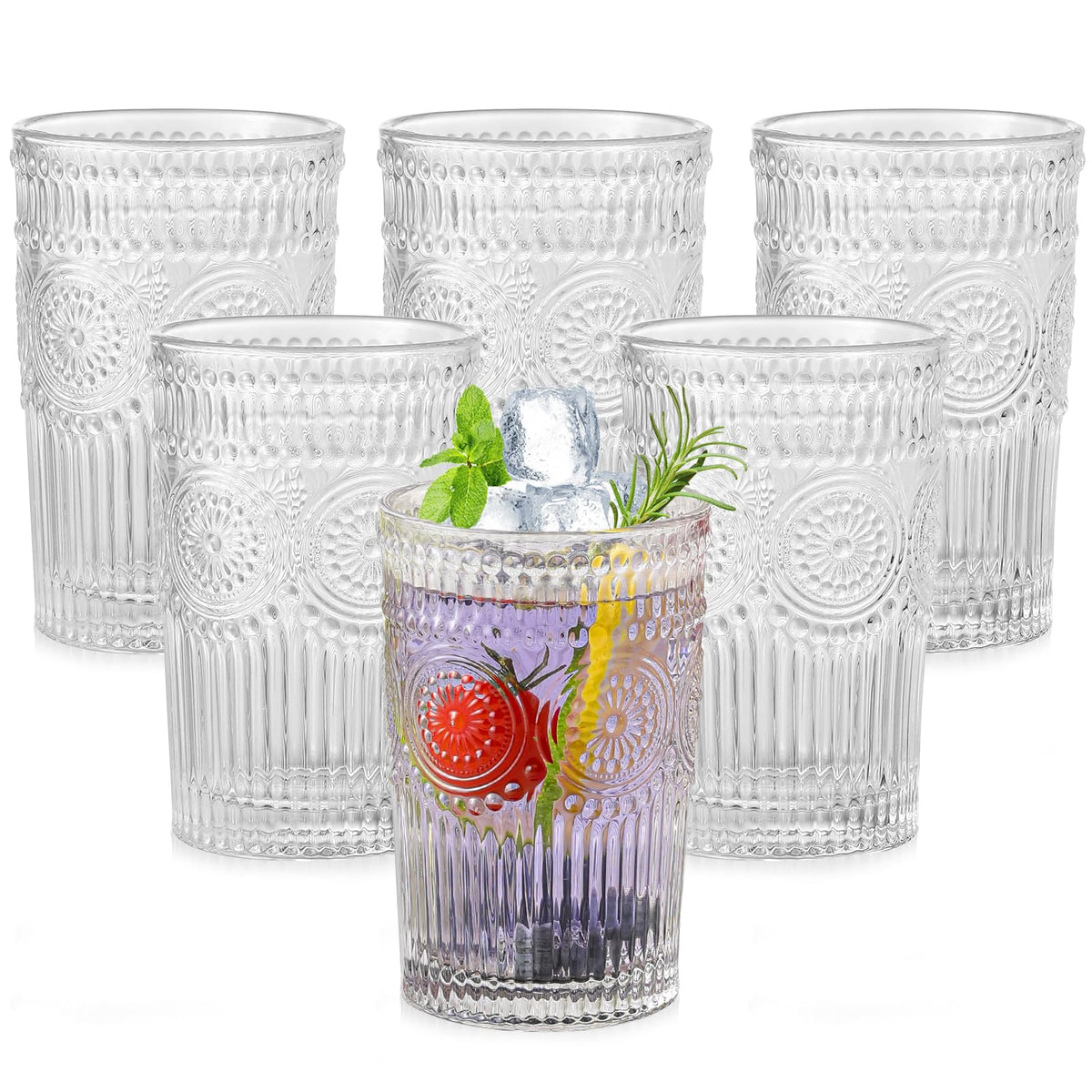ZMOWIPDL set front view showing six clear flower-embossed glasses and straws, elegant serving