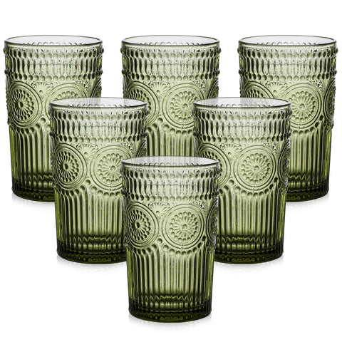 ZMOWIPDL front view of six green glasses set, ready for entertaining