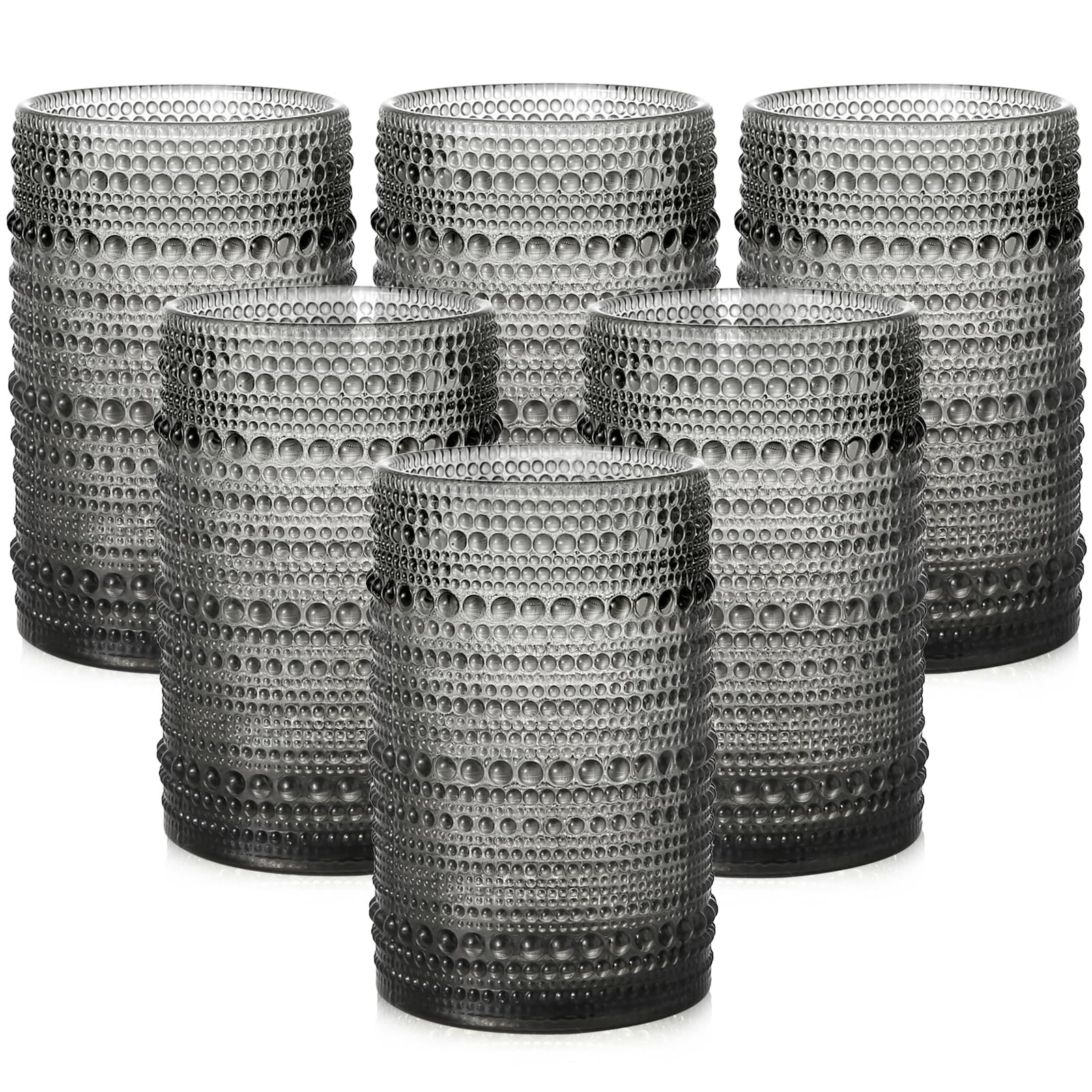 ZMOWIPDL front view of six grey hobnail glasses showing cohesive set and style