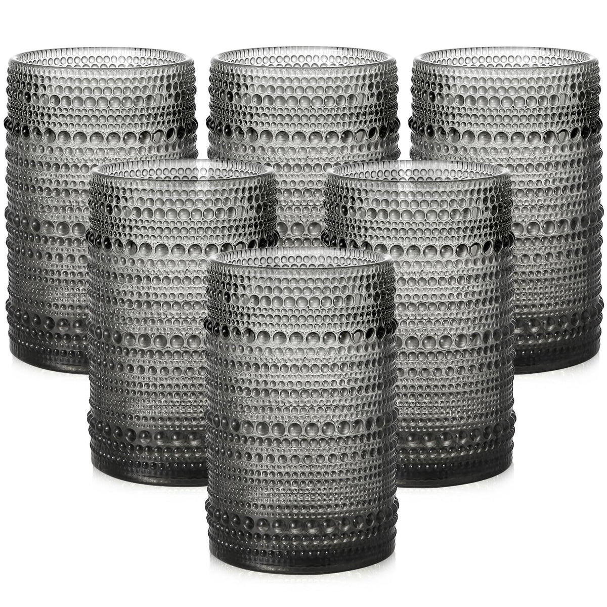 ZMOWIPDL front view of six grey hobnail glasses showing cohesive set and style