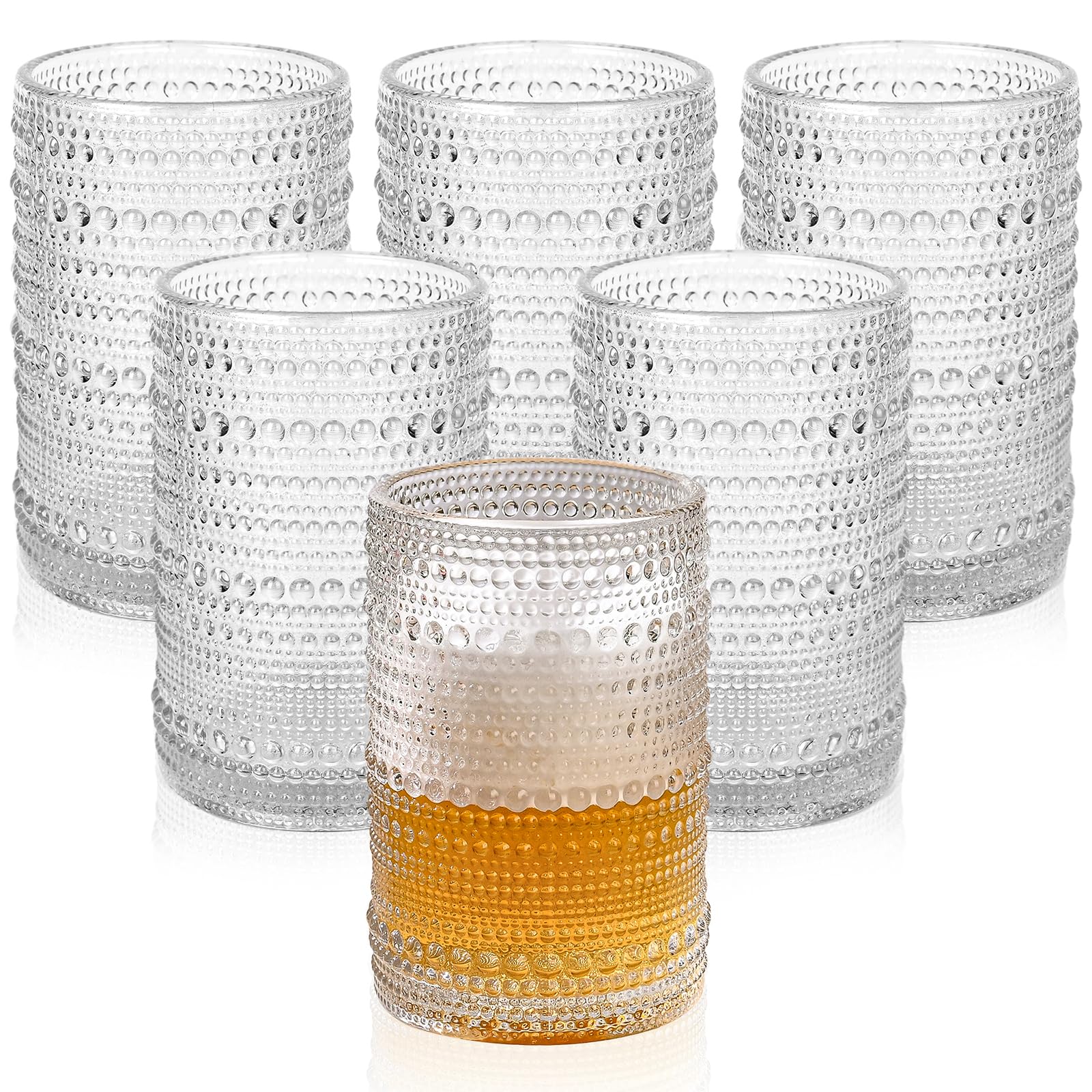 ZMOWIPDL front view of six clear hobnail glasses, elegant tableware display