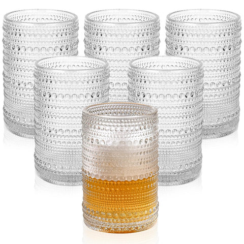 ZMOWIPDL front view of six clear hobnail glasses, elegant tableware display