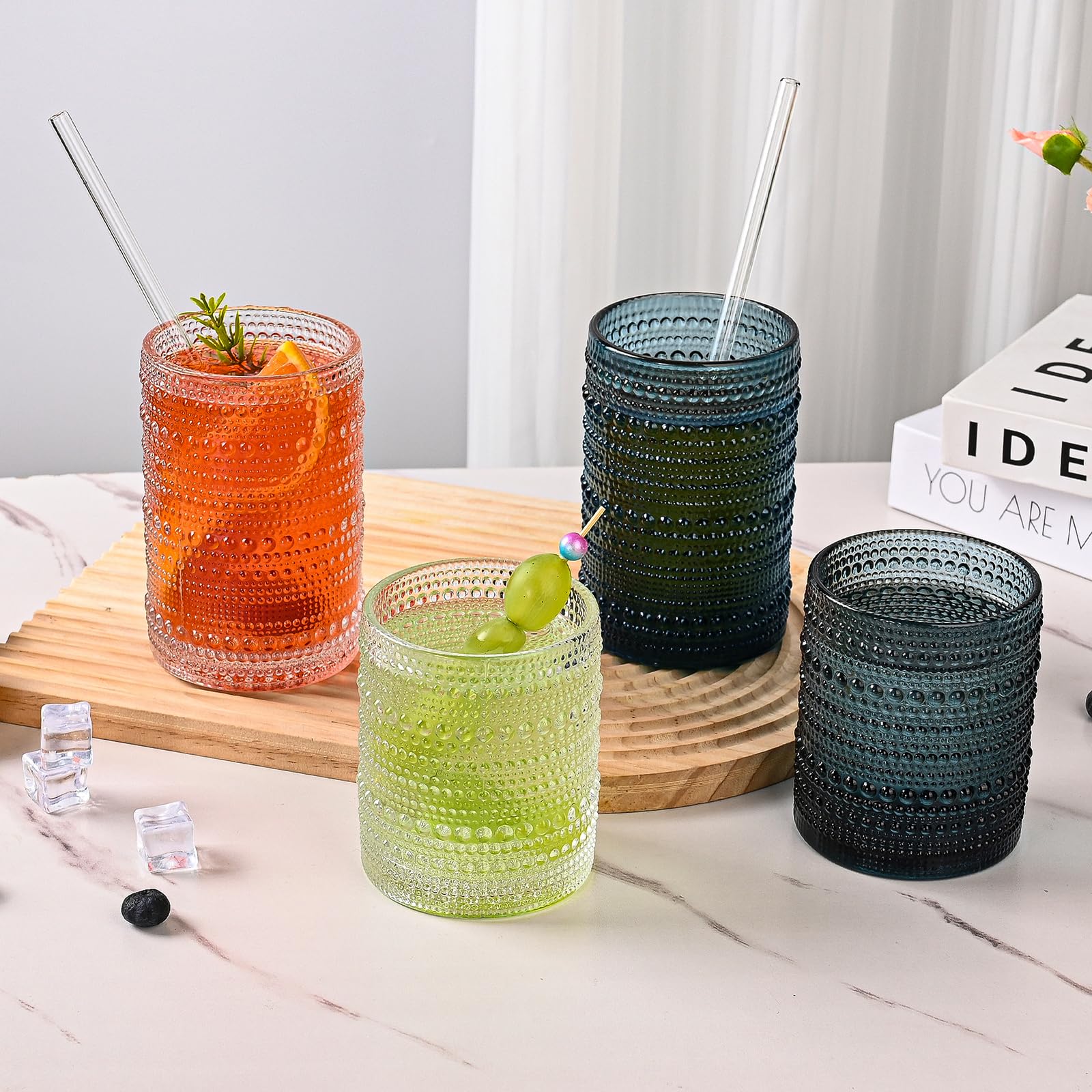 ZMOWIPDL hobnail glasses arranged on dining table, stylish serving presentation