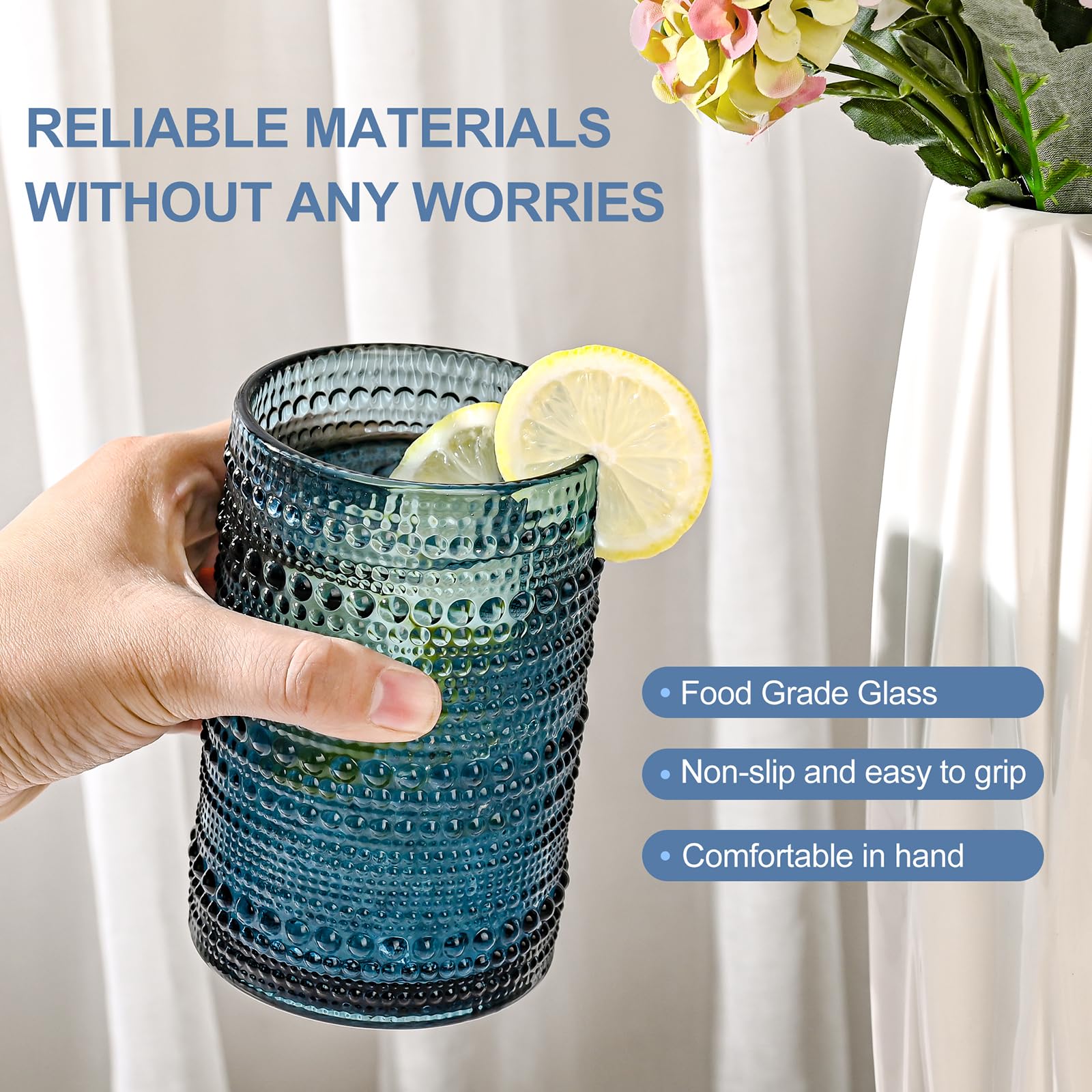 ZMOWIPDL glass beside measuring tape showing 15 oz capacity benefit