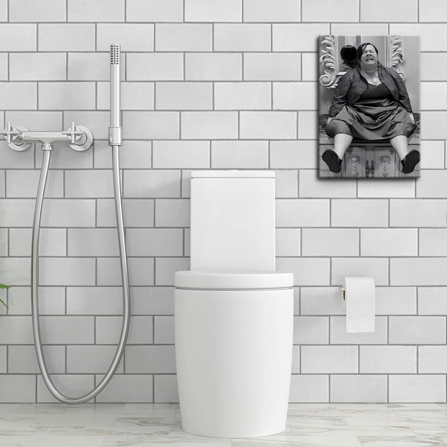 znhart lifestyle bathroom scene with prints creates playful retro ambiance