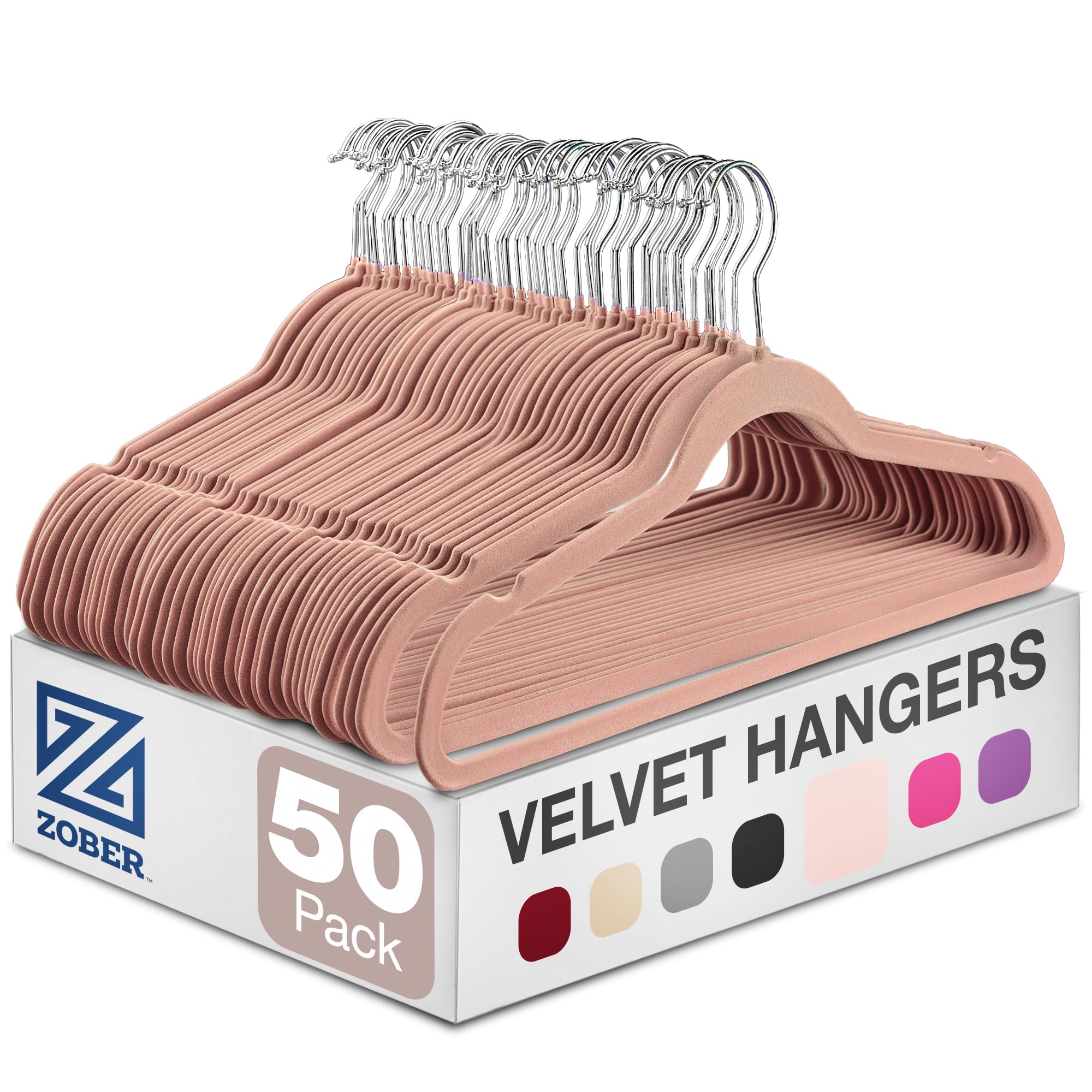 ZOBER blush pack front view showing 50 hangers and tidy storage benefit