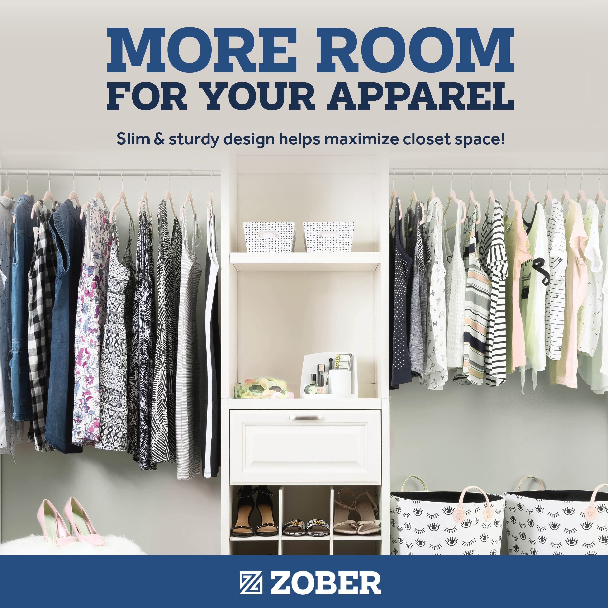 ZOBER hangers neatly arranged in closet for maximized space