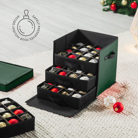 ZOBER drawer-style tray open displaying organized ornament compartments
