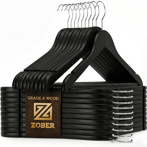ZOBER front view of 20-pack black wooden hangers, organized closet benefit