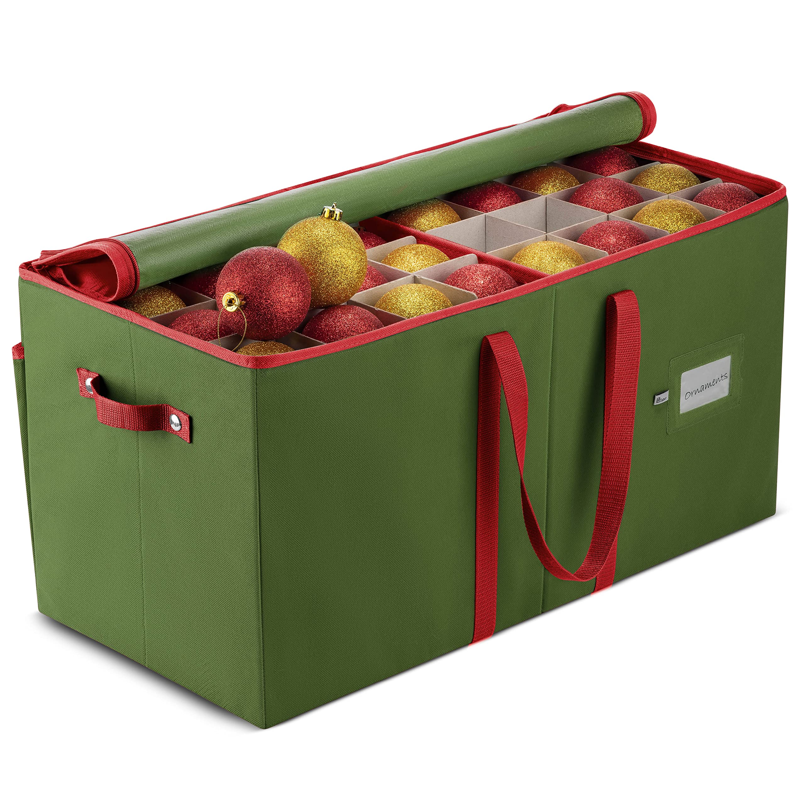 ZOBER front view of green ornament storage box showing sturdy shape and color for neat holiday storage