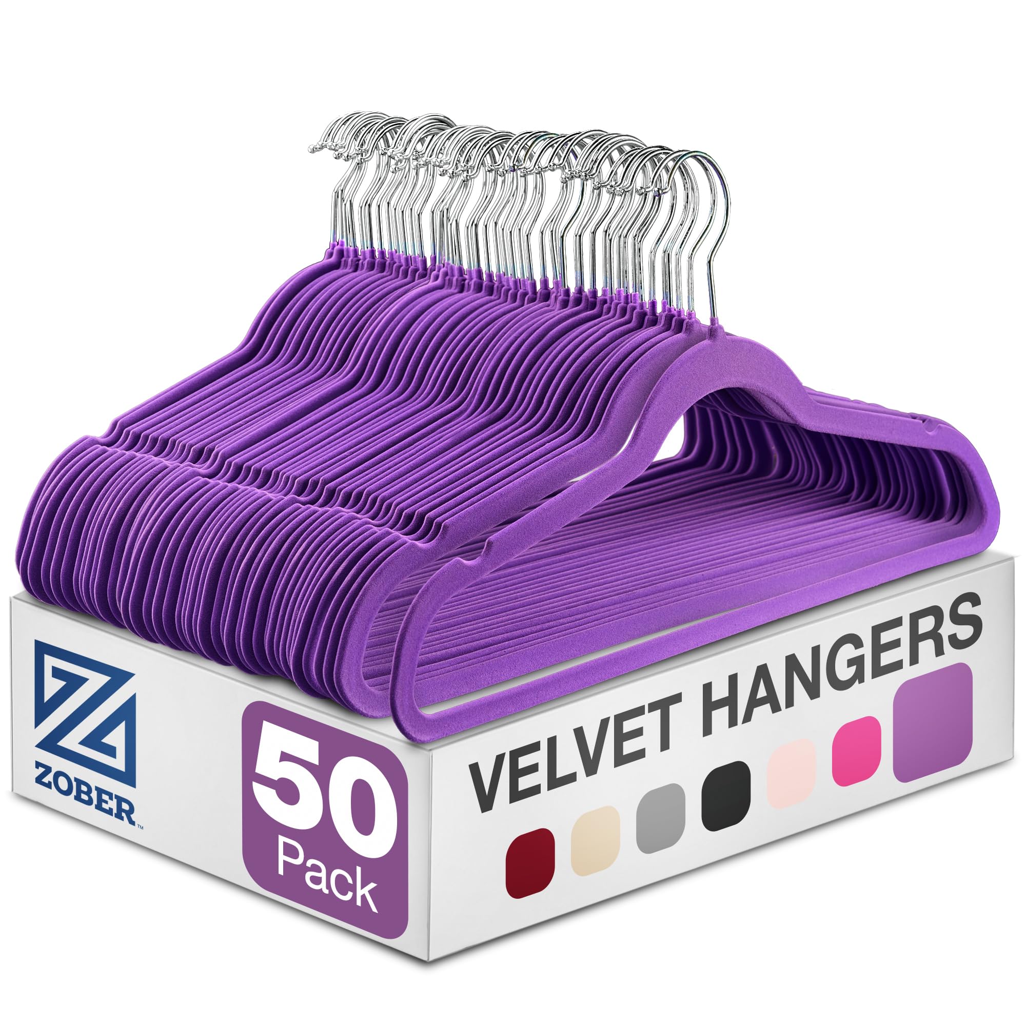ZOBER front pack of 50 purple velvet hangers neatly boxed and ready