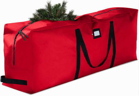 ZOBER front view of red tree bag showing full‑length zipper and color for easy storage