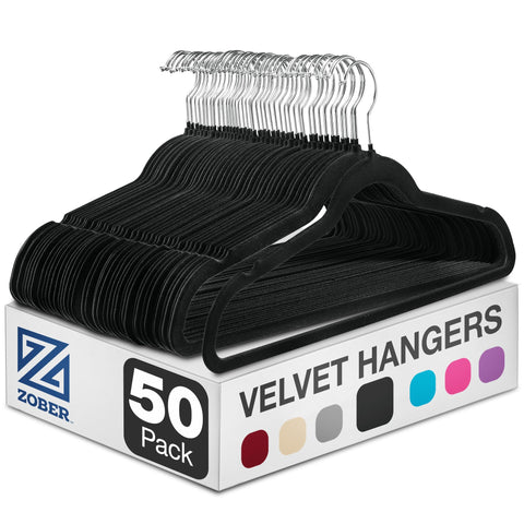 ZOBER front pack of 50 black velvet hangers showing organized, space-saving benefit