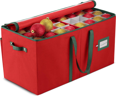 ZOBER front view red ornament storage box showing sturdy shape and festive color benefit protection