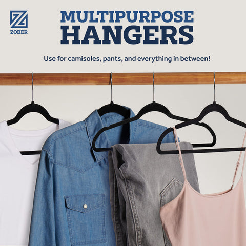 ZOBER hangers arranged in a full closet maximizing storage capacity benefit