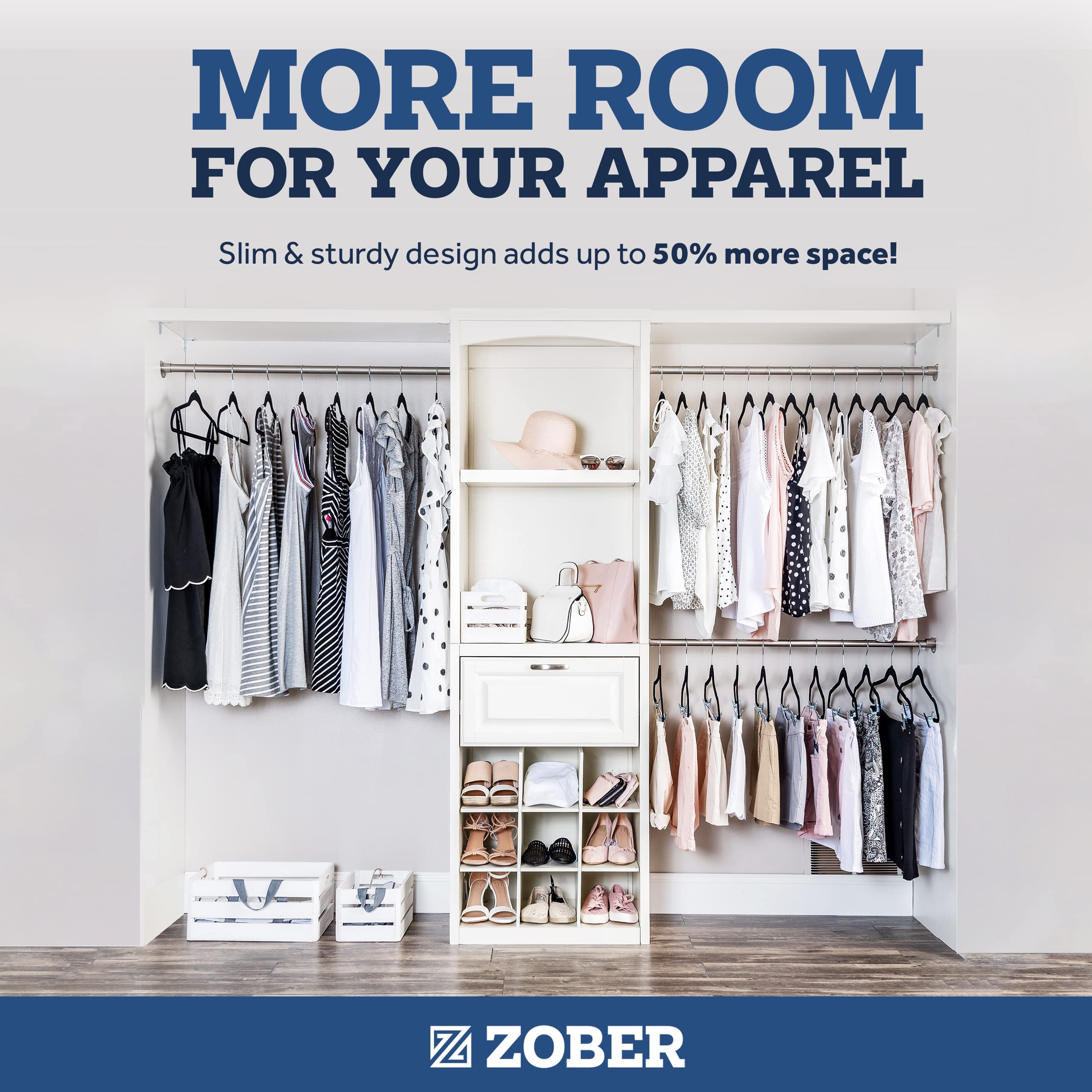ZOBER horizontal bar for pants and suits providing versatile storage benefit