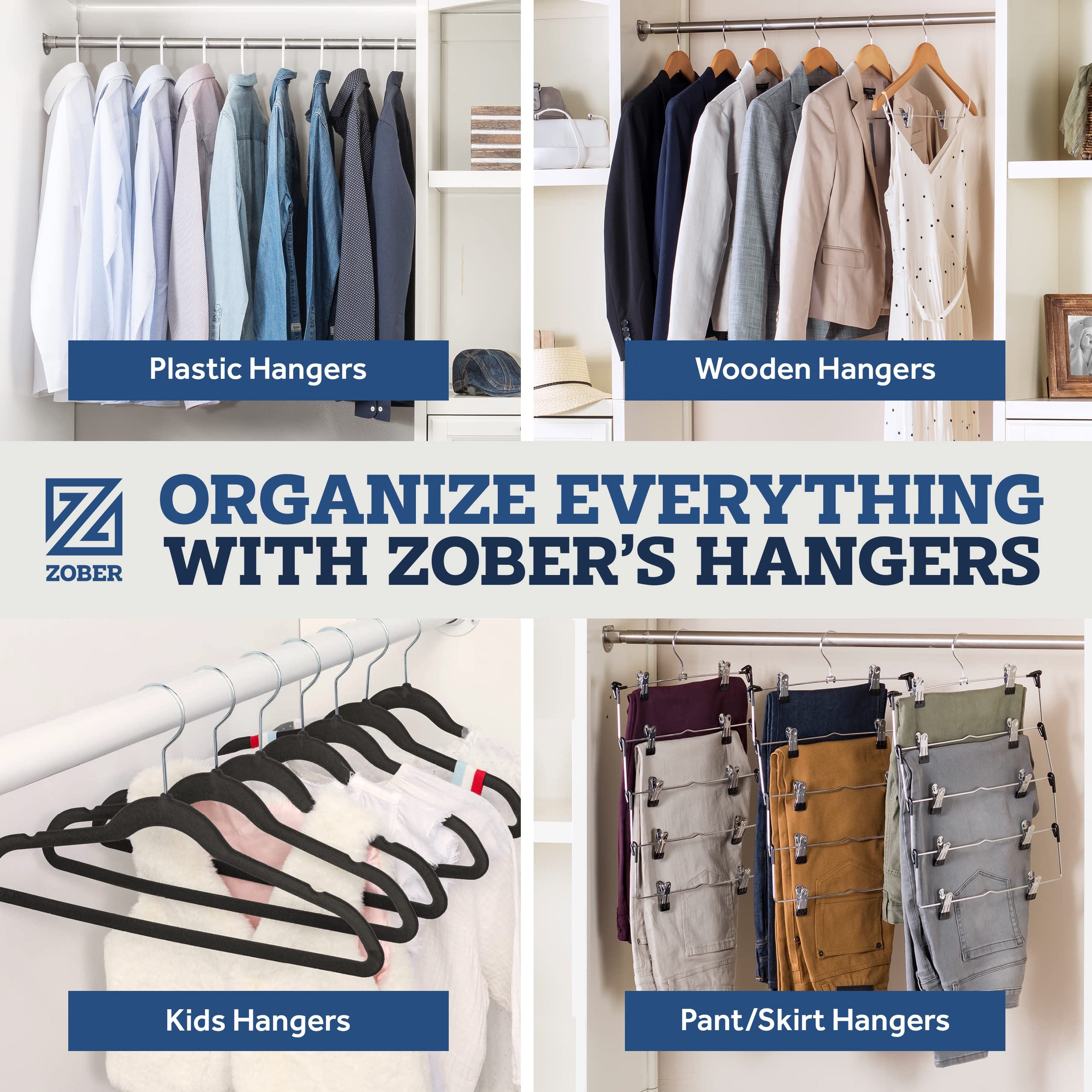ZOBER purple hangers styled in a bedroom closet for organized lifestyle