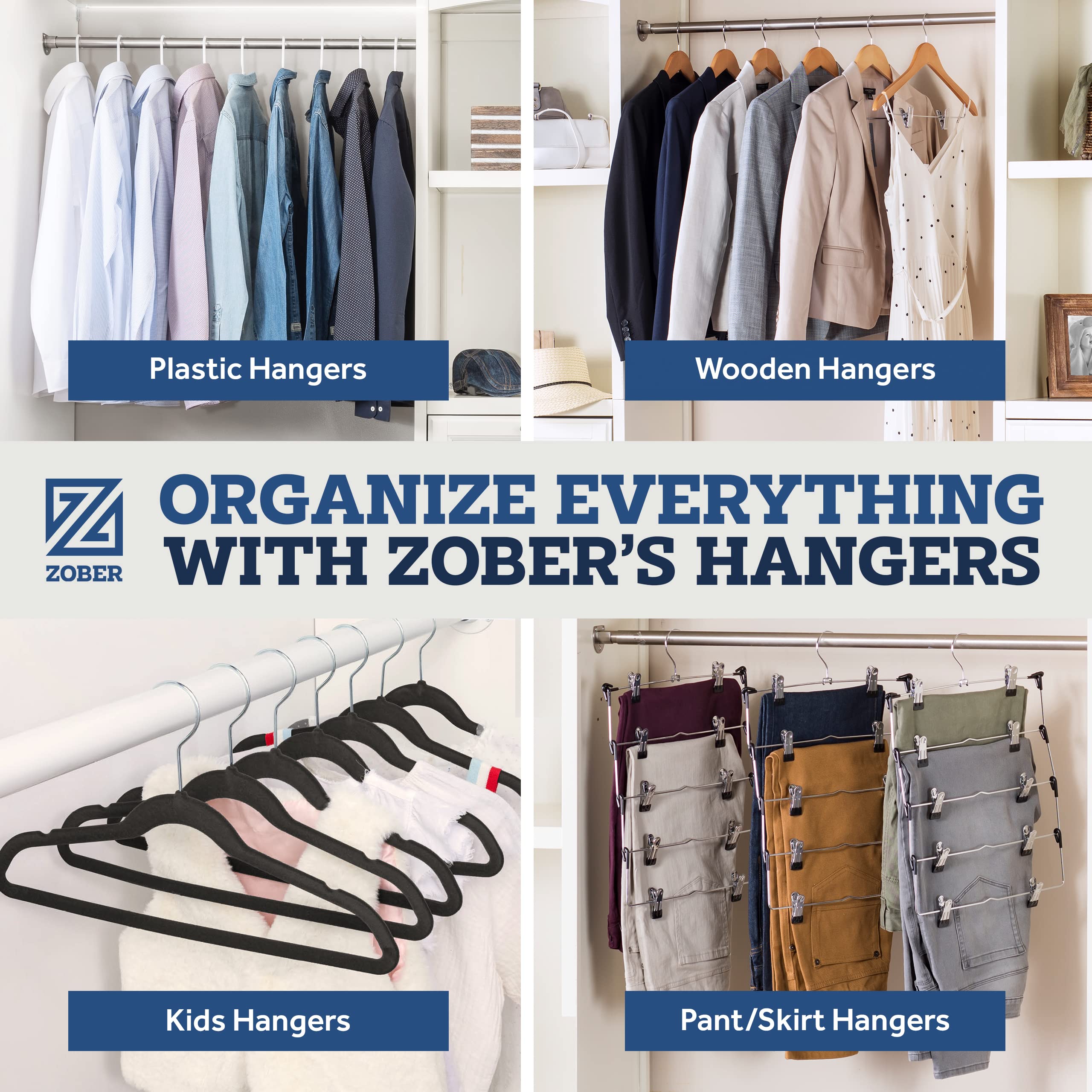 ZOBER hangers in bedroom wardrobe creating tidy, professional closet look