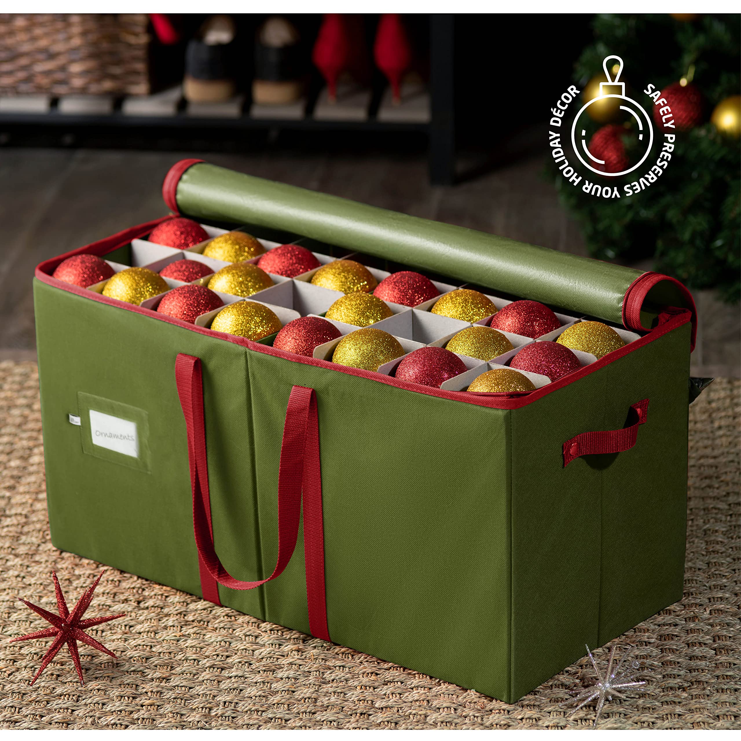 ZOBER open box revealing 128 individual compartments protecting ornaments for safer handling