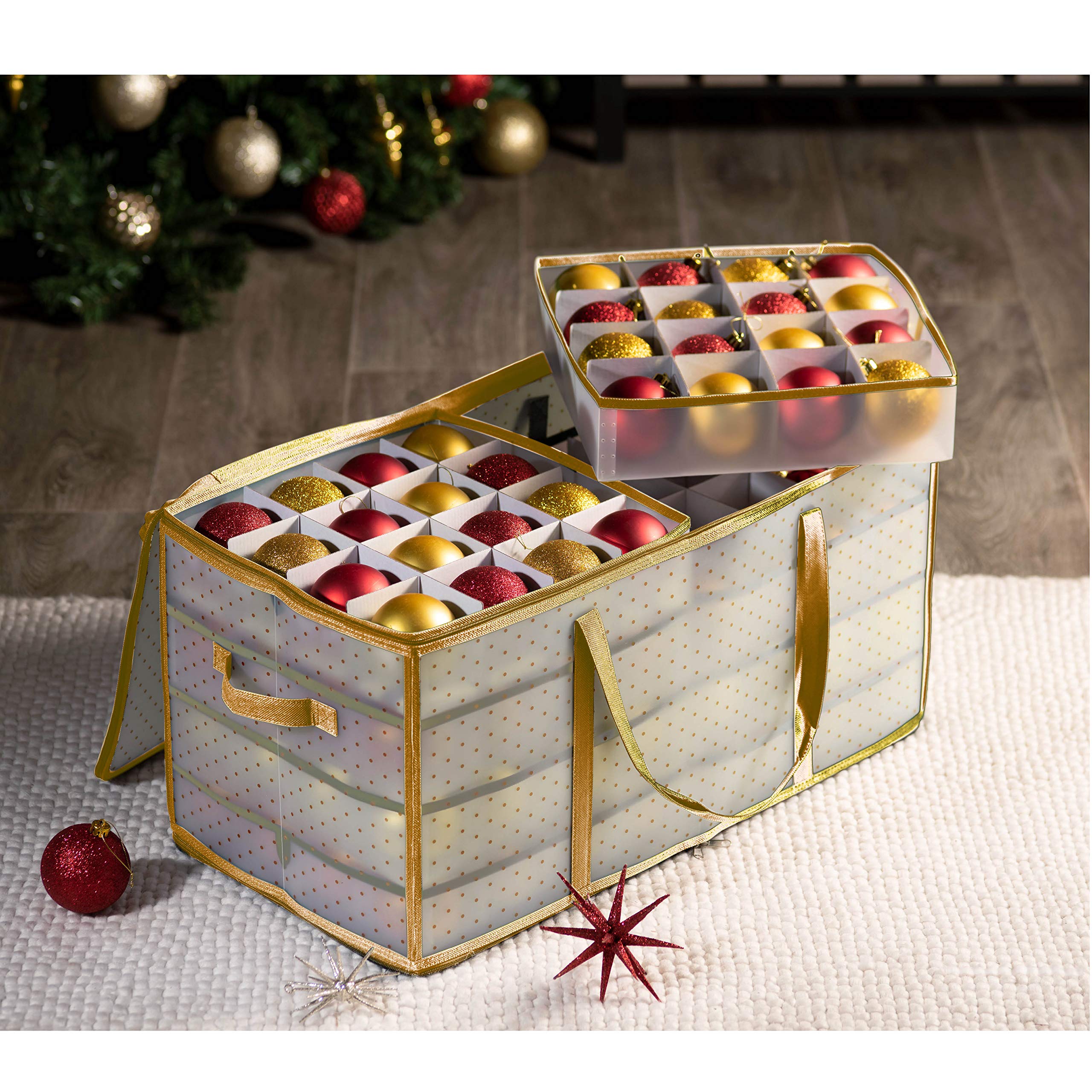 ZOBER open top revealing 128 individual trays for safe ornament separation