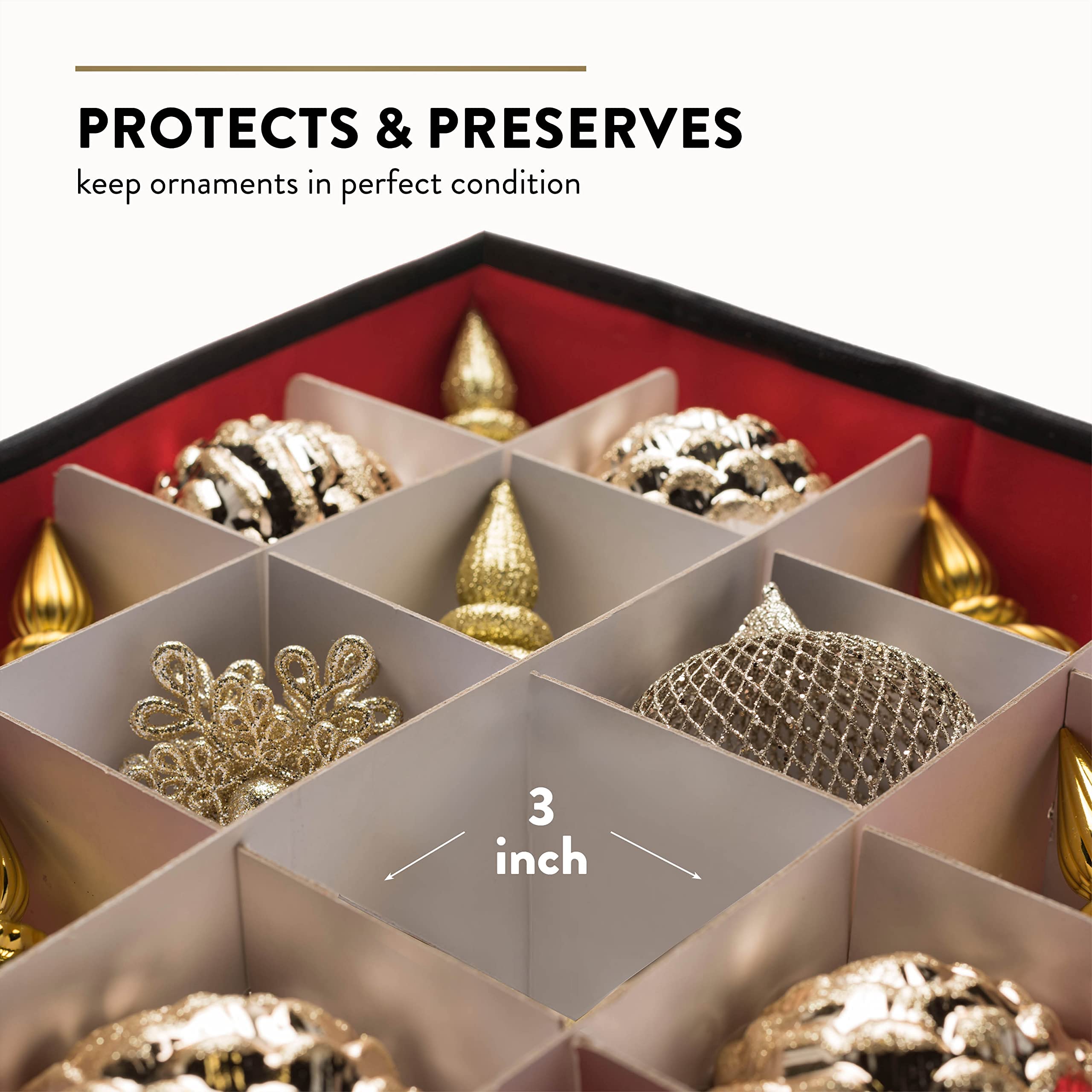 ZOBER compartment detail with individual 3-inch cubes protecting ornaments from contact