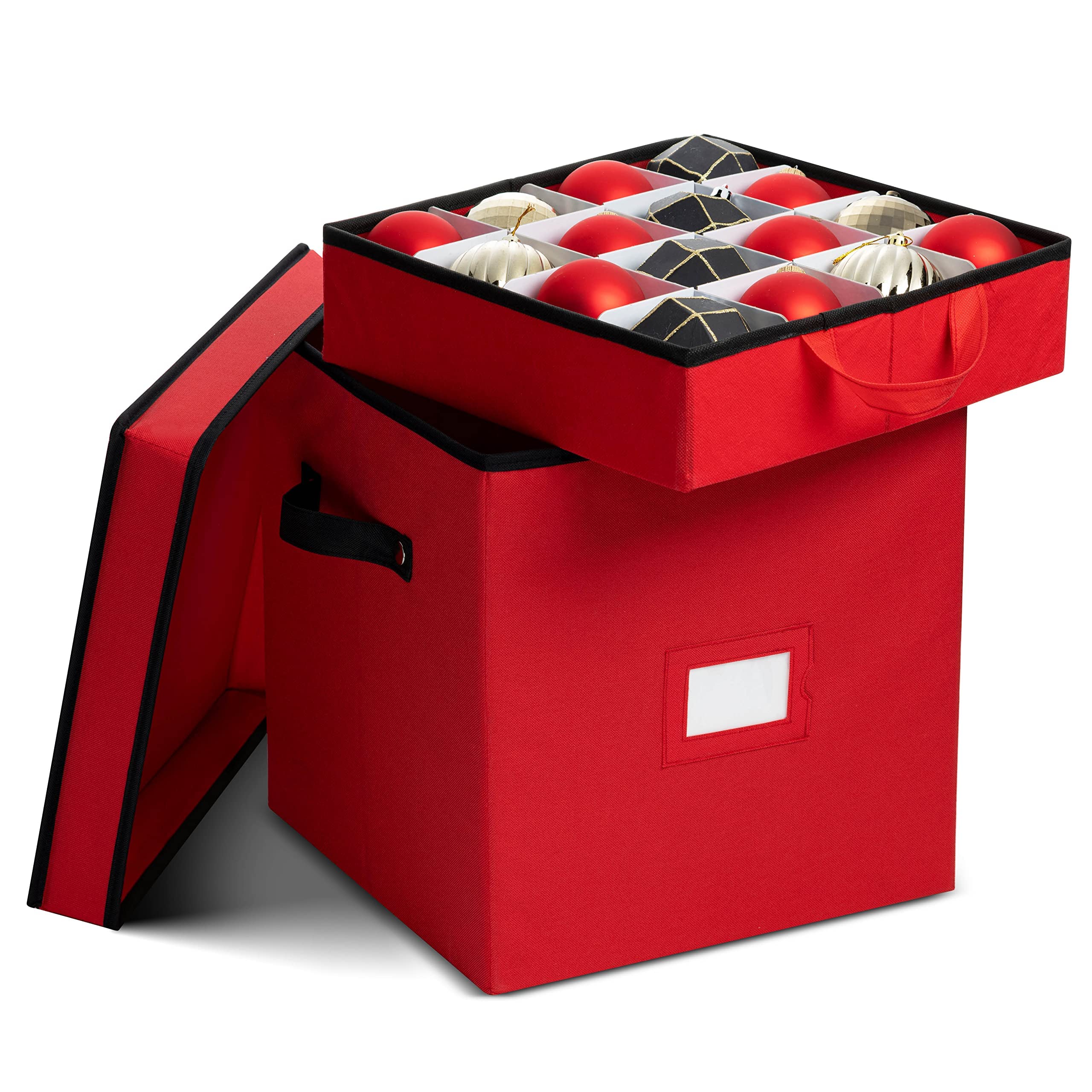 ZOBER ornament box front view in red showing compact, stackable design and handle