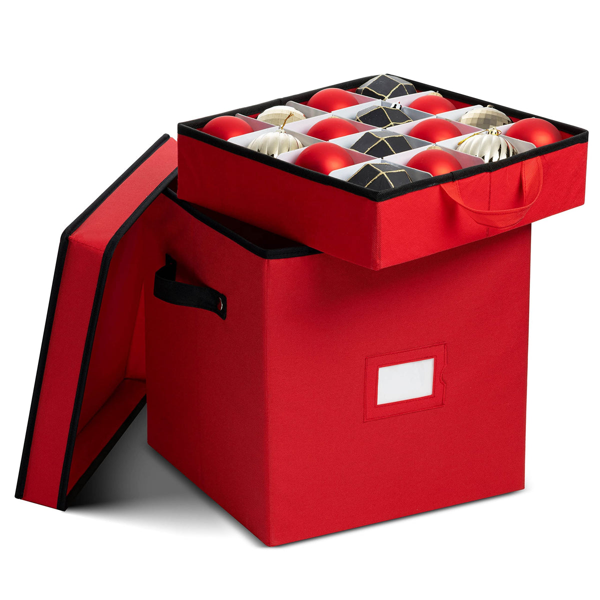 ZOBER ornament box front view in red showing compact, stackable design and handle
