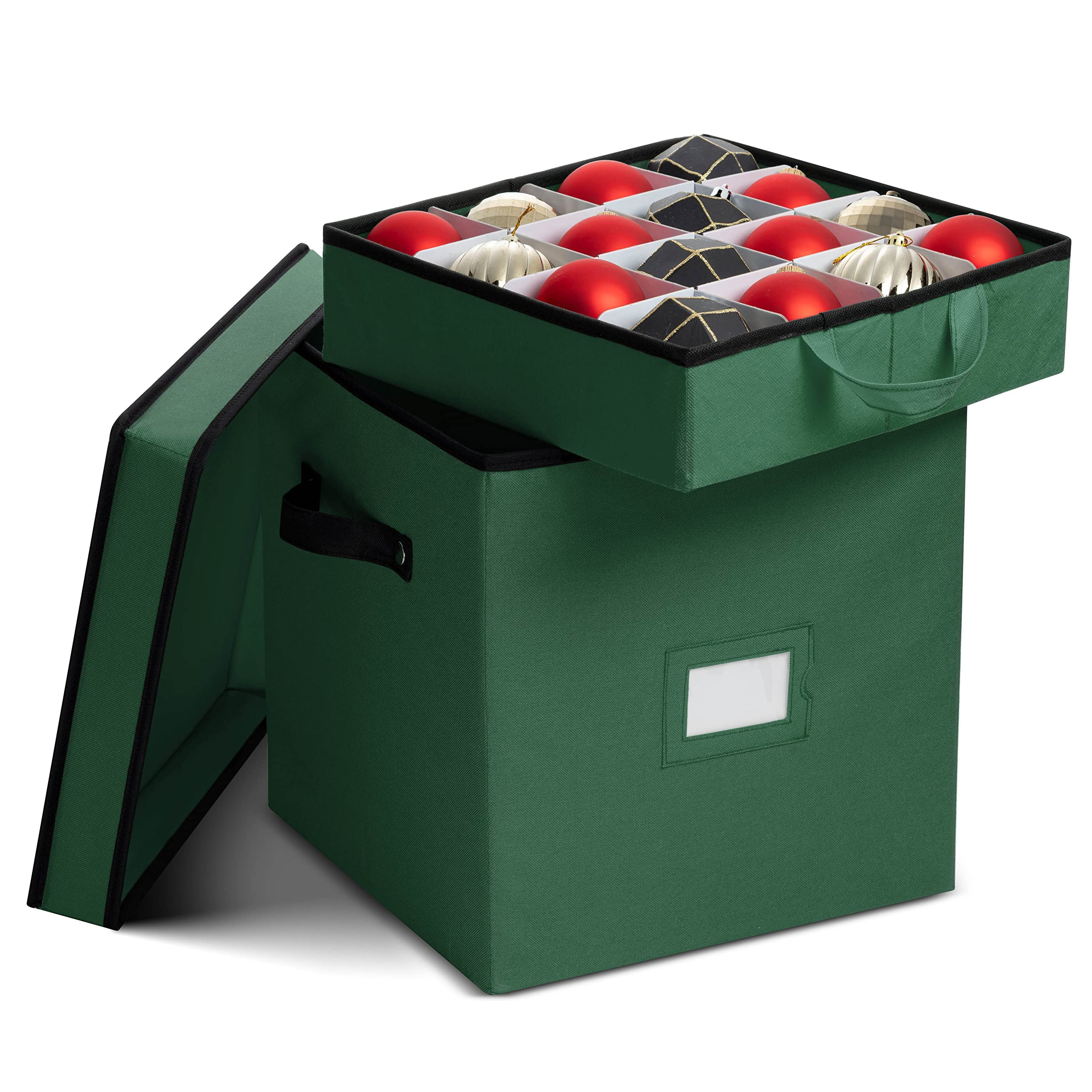 ZOBER ornament box front view showing green fabric and secure zipper for tidy seasonal storage