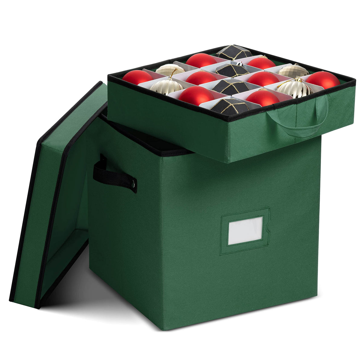 ZOBER ornament box front view showing green fabric and secure zipper for tidy seasonal storage