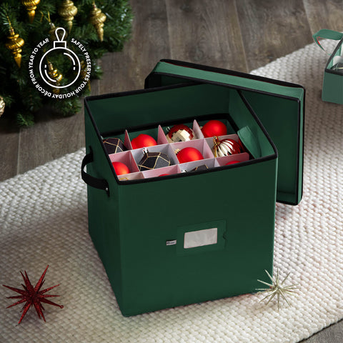 ZOBER ornament box open displaying 64 three‑inch compartments to prevent breakage