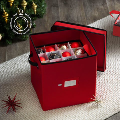 ZOBER ornament box opened displaying 64 three-inch ornaments neatly organized for easy access