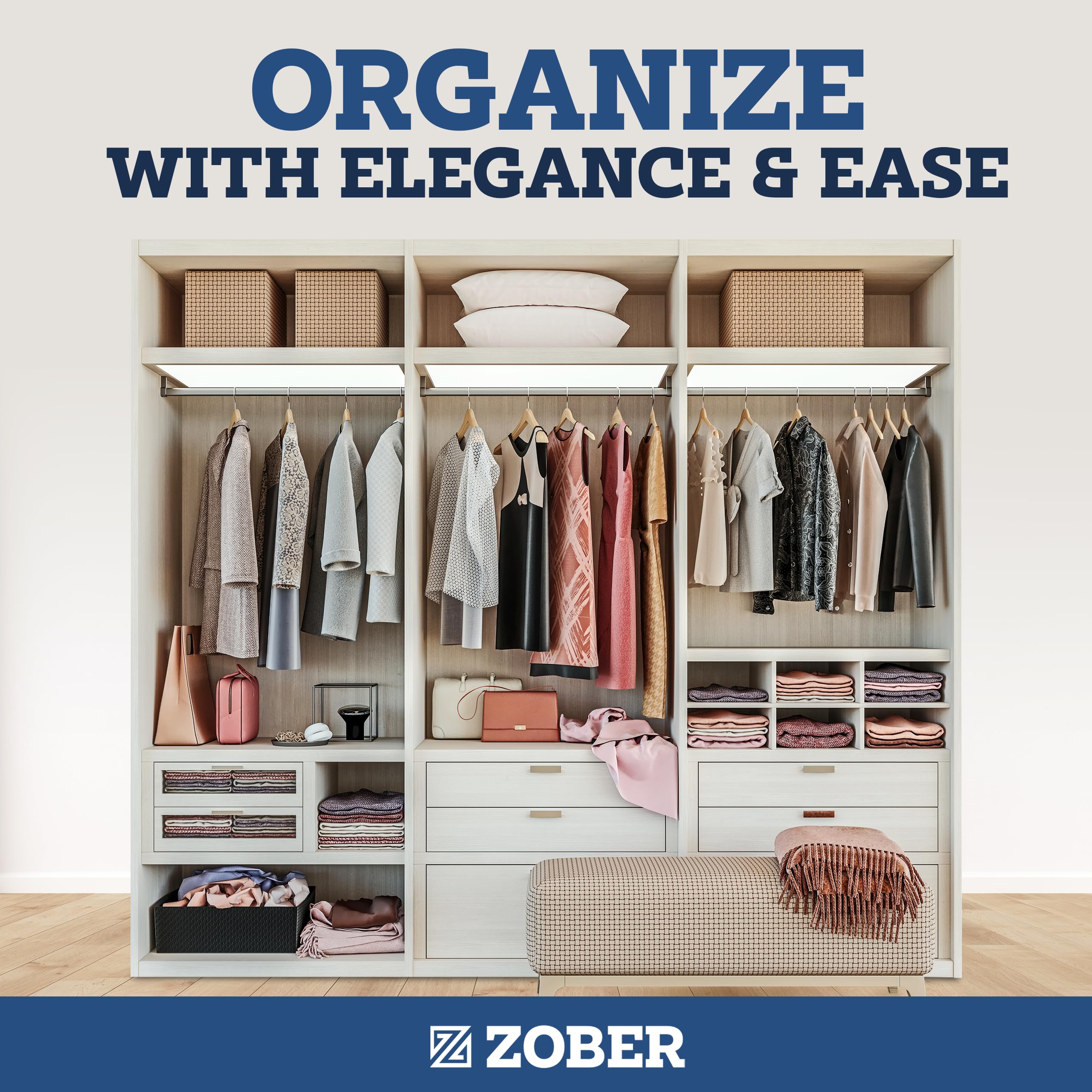 ZOBER hanger beside shirt for scale, demonstrating suit-friendly size