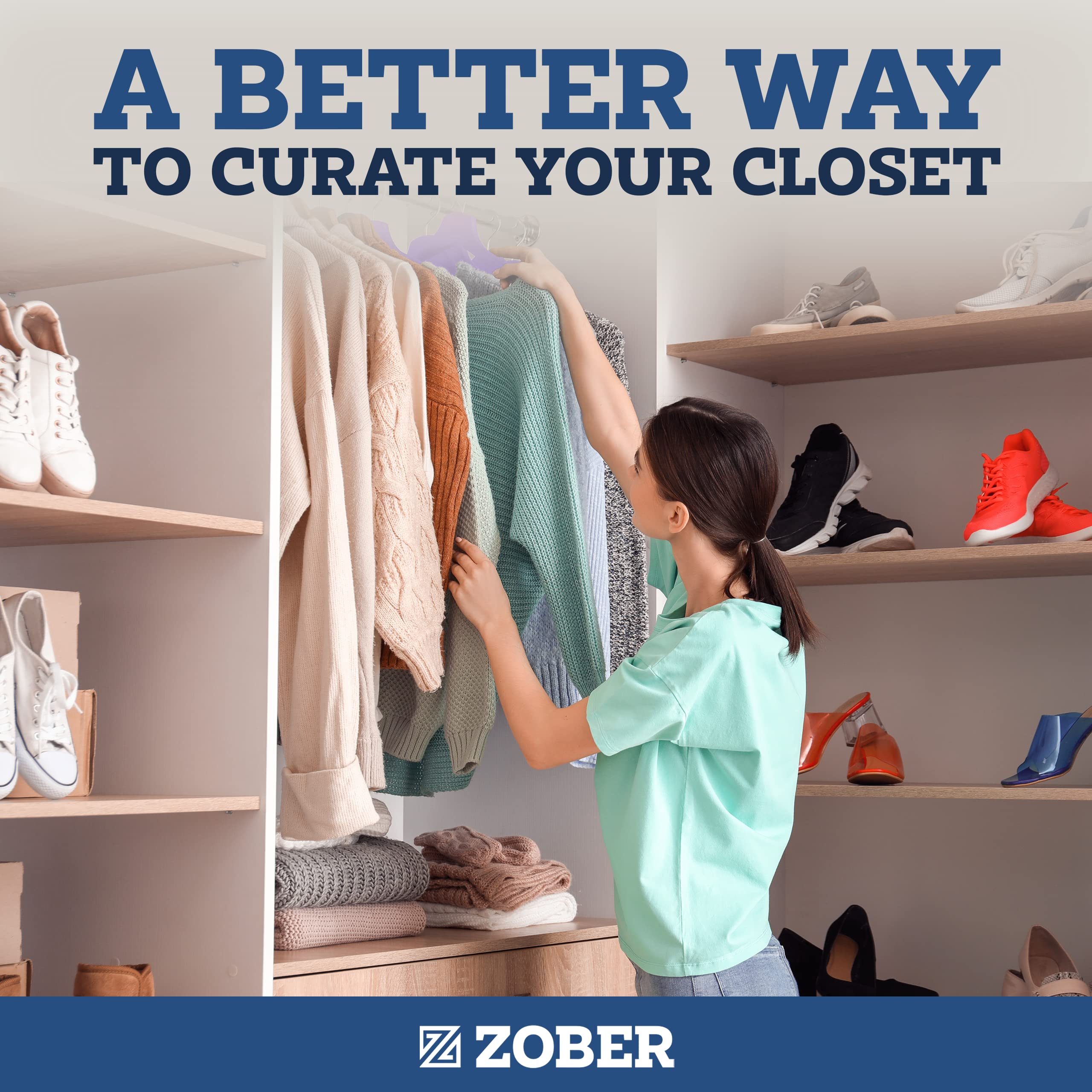 ZOBER stacked hangers beside ruler showing slim-profile size comparison