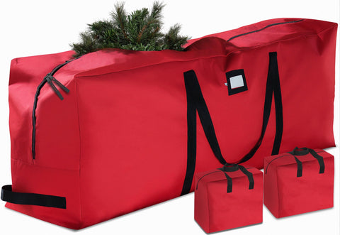 ZOBER front view of red tree bag showing full-size protection and easy storage